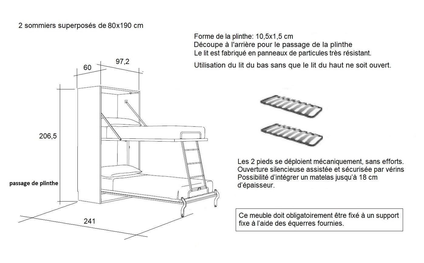 Armoire 2 lits superposés escamotables verticaux de 80x190 cm